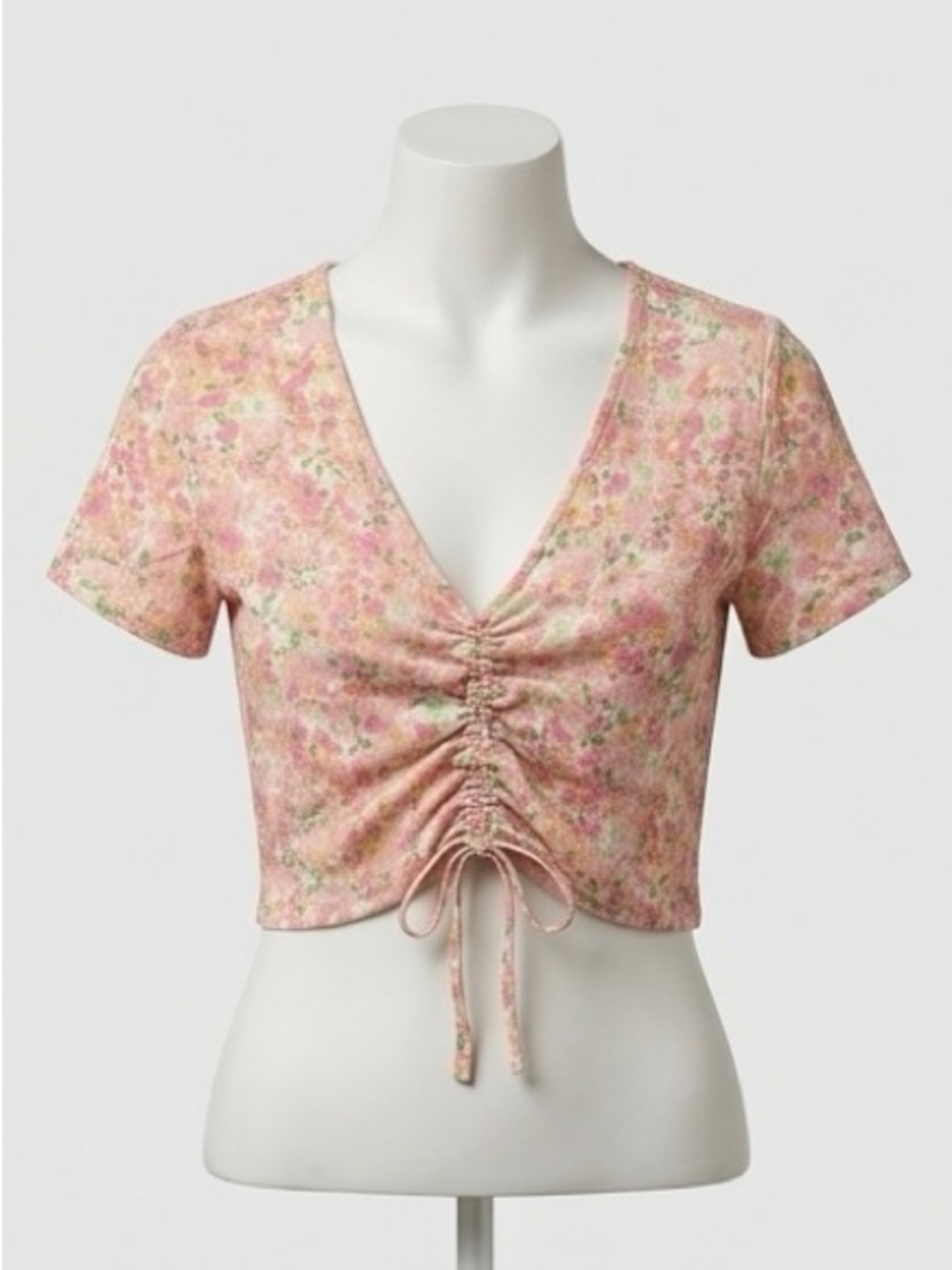 ONLY brand- XS new without tags. Floral Pink Ruched Drawstring Crop Top